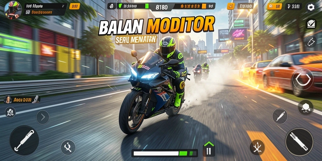 Tangkapan layar game 8180 menampilkan aksi balapan motor yang seru.