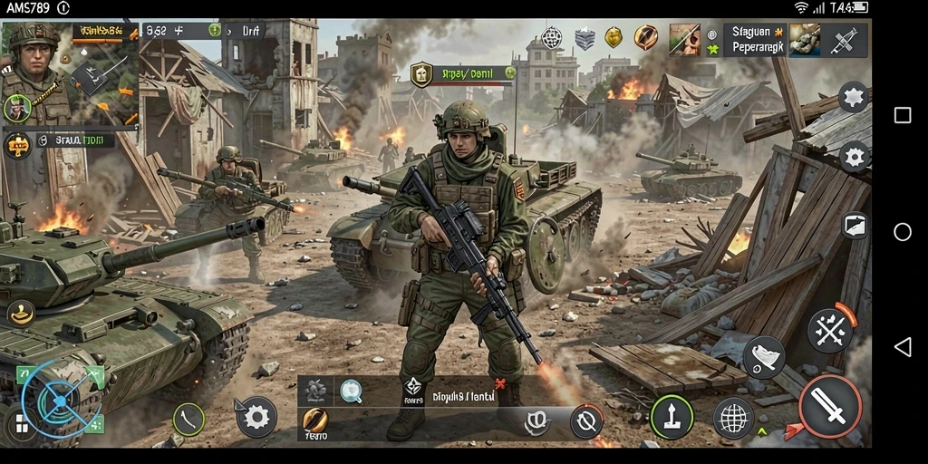Screenshot gameplay AMS789 menampilkan pertempuran strategis yang mendebarkan.