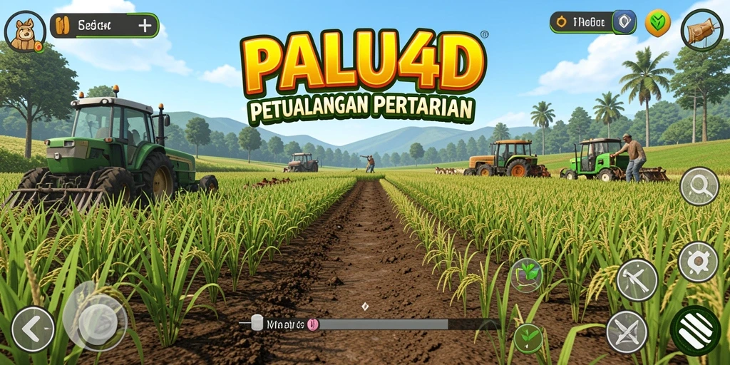 Tampilan gameplay PALU4D menunjukkan lahan pertanian yang subur dan beragam tanaman.