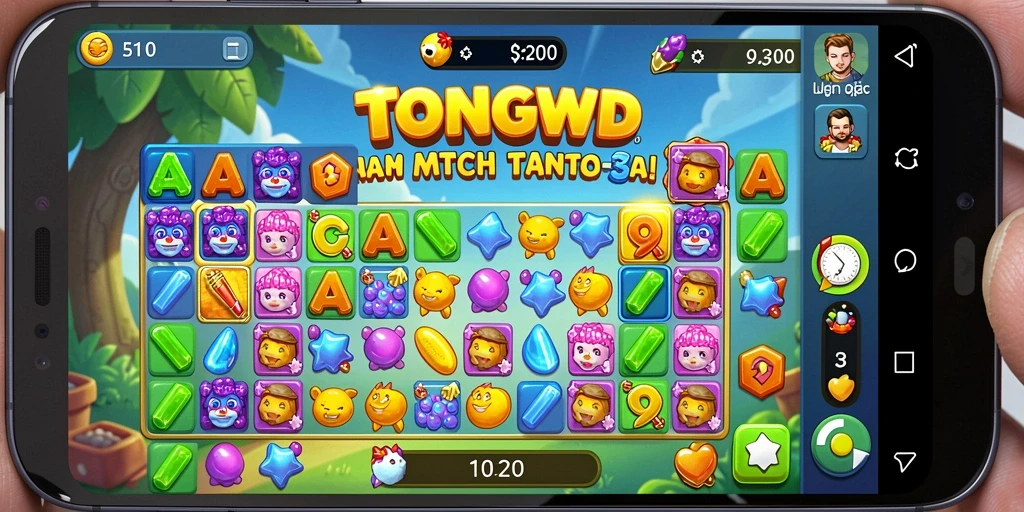 Screenshot utama TONGWD menunjukkan gameplay Match-3 yang seru.